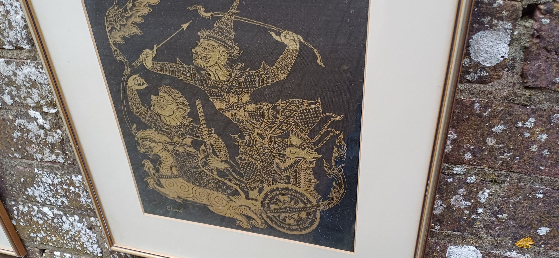 Pair of Oriental Warriors Print on Silk with Gold Frames. Chana.