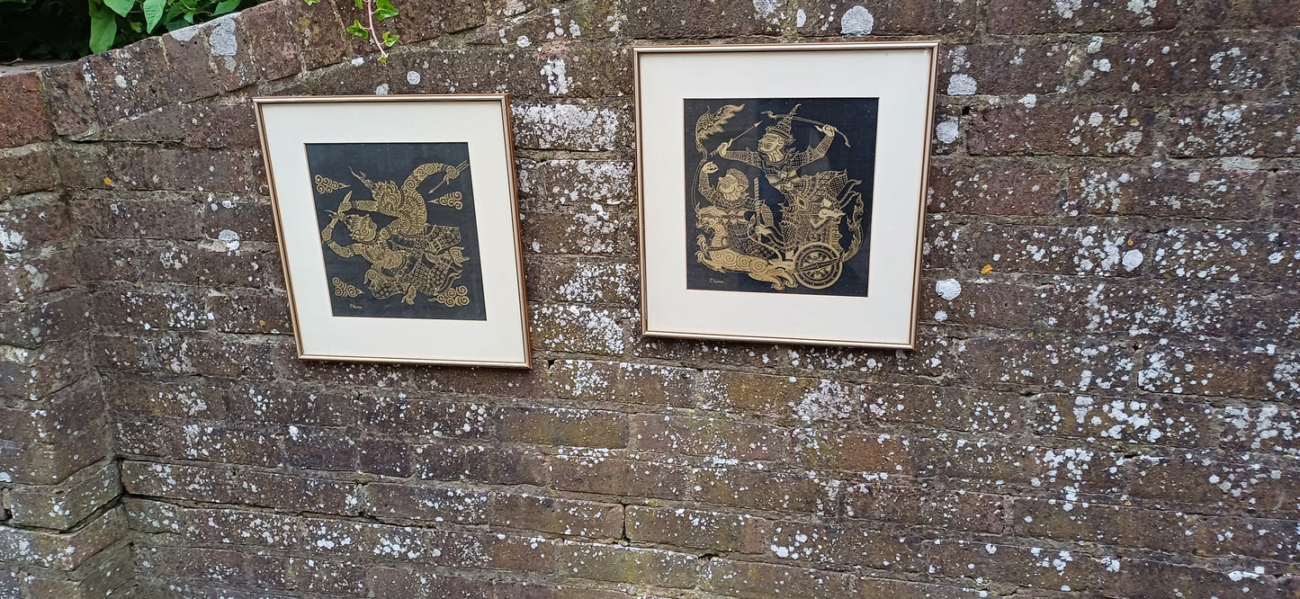 Pair of Oriental Warriors Print on Silk with Gold Frames. Chana.