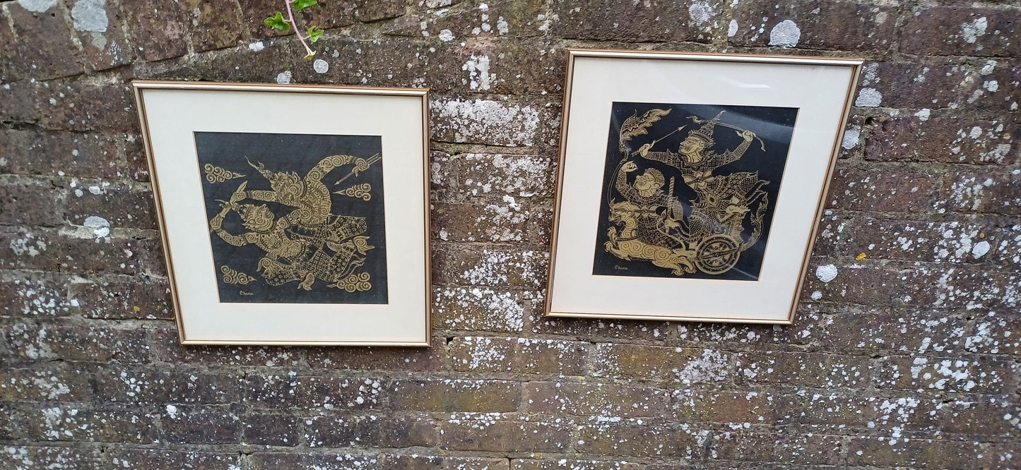 Pair of Oriental Warriors Print on Silk with Gold Frames. Chana.