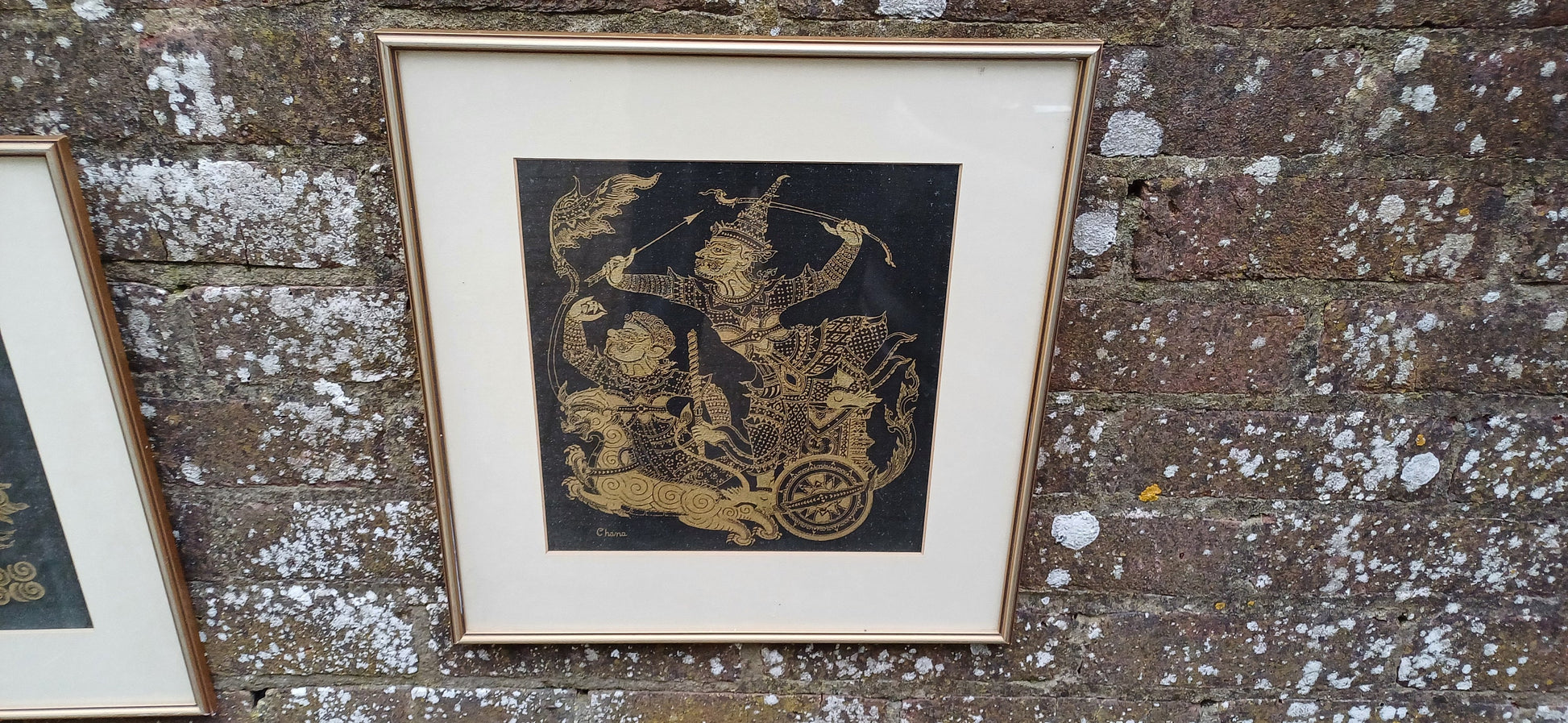 Pair of Oriental Warriors Print on Silk with Gold Frames. Chana.