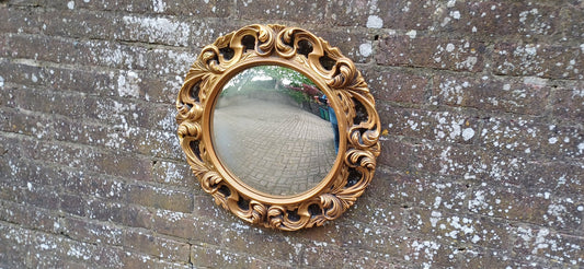 Vintage Round Plaster Gilt Gold Wall Convex Mirror Ornate Decoration.