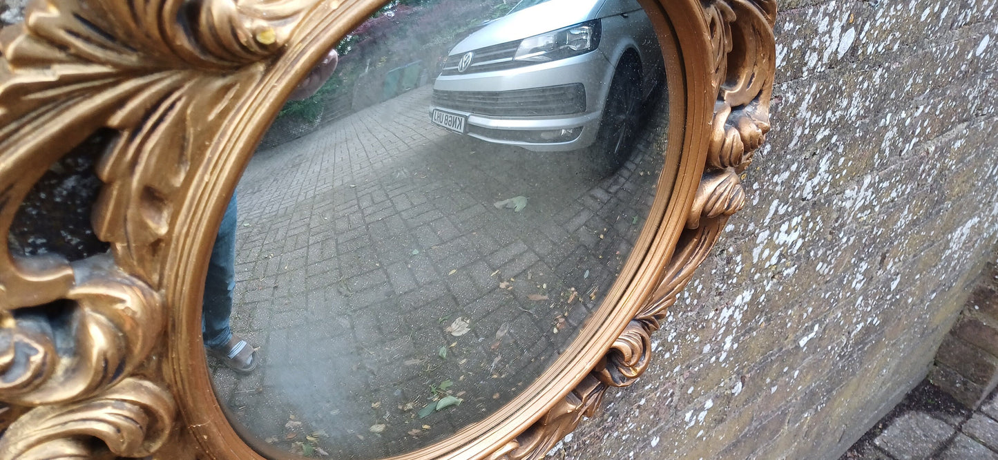 Vintage Round Plaster Gilt Gold Wall Convex Mirror Ornate Decoration.