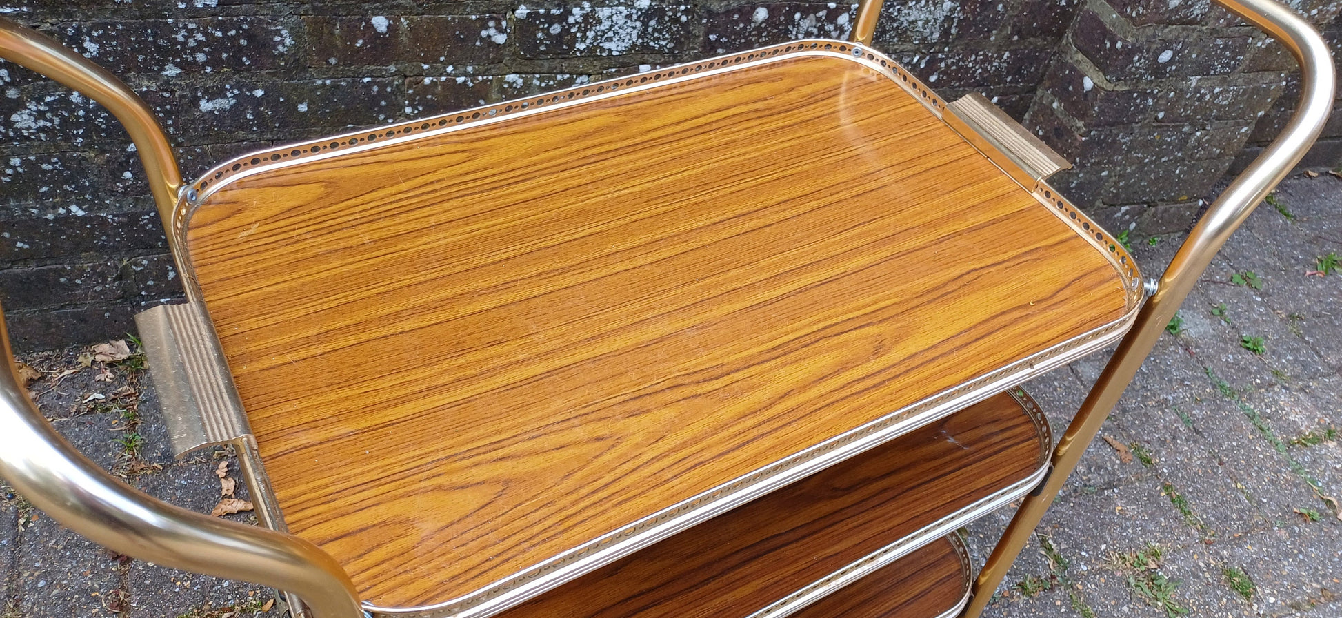 Vintage Retro 70s Drinks Dinner Trolley Melamine and Gold Metal. Side Table Media Stand