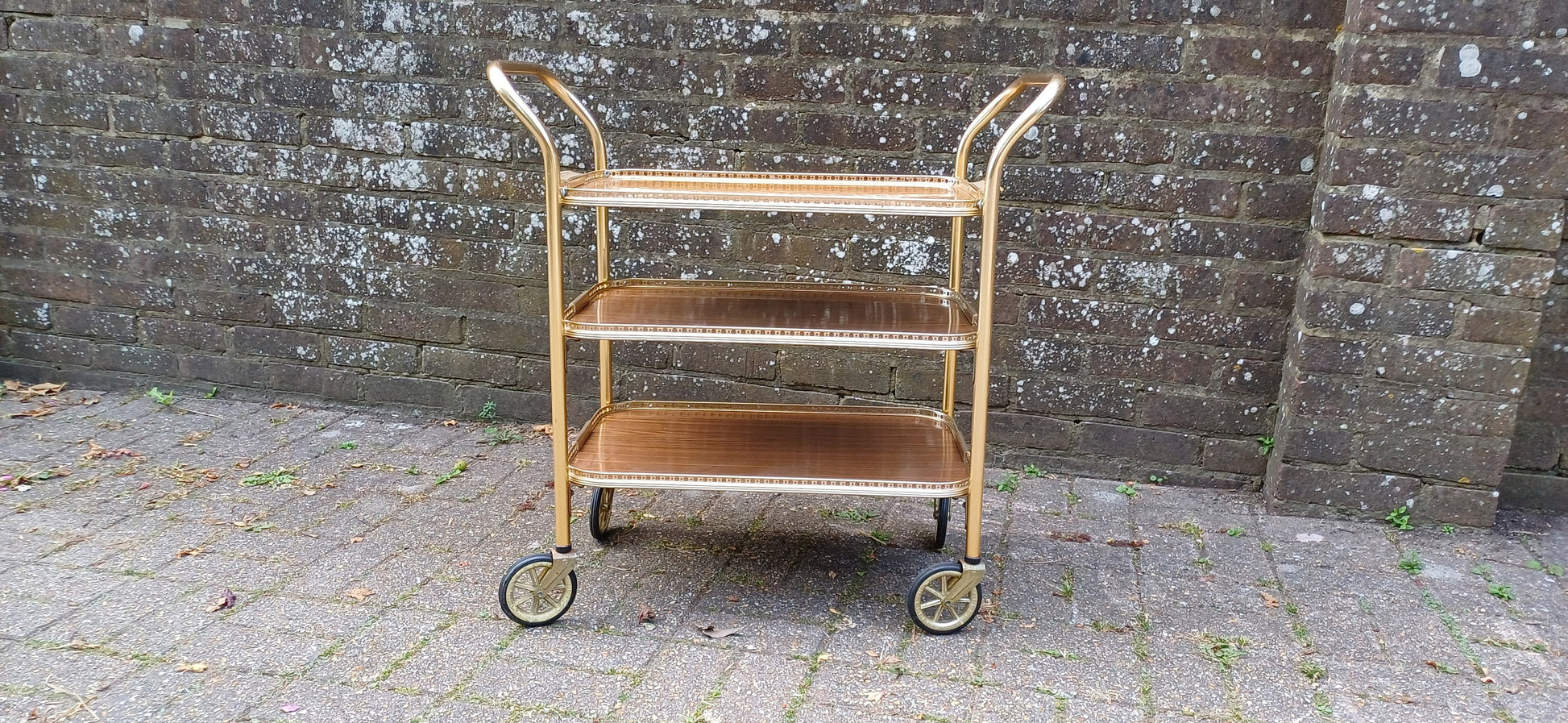 Vintage Retro 70s Drinks Dinner Trolley Melamine and Gold Metal. Side Table Media Stand
