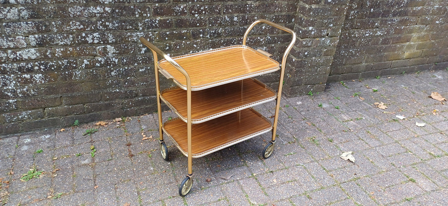 Vintage Retro 70s Drinks Dinner Trolley Melamine and Gold Metal. Side Table Media Stand