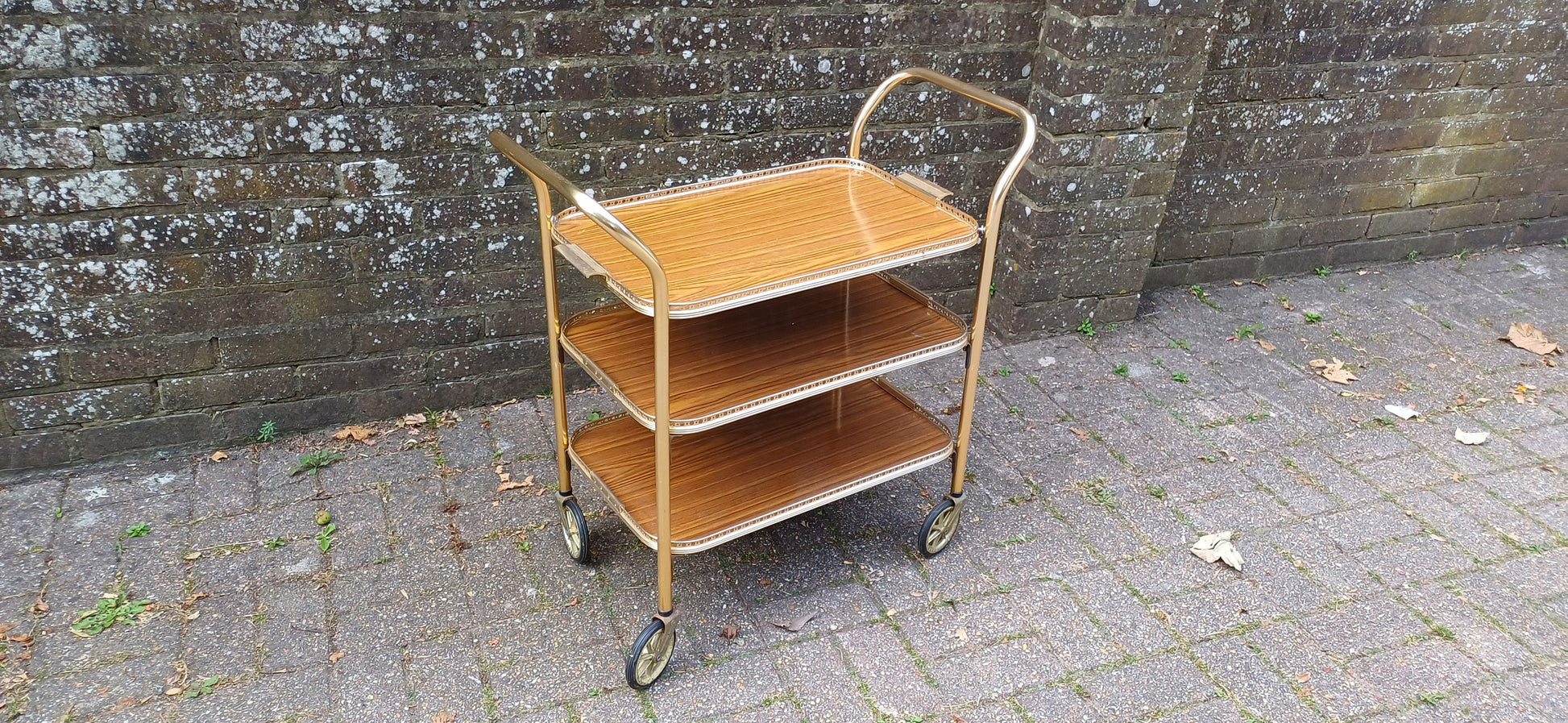 Vintage Retro 70s Drinks Dinner Trolley Melamine and Gold Metal. Side Table Media Stand