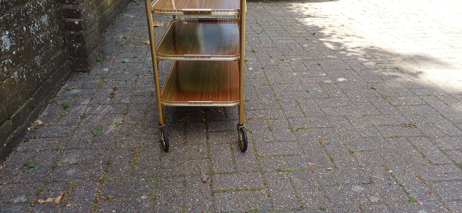 Vintage Retro 70s Drinks Dinner Trolley Melamine and Gold Metal. Side Table Media Stand