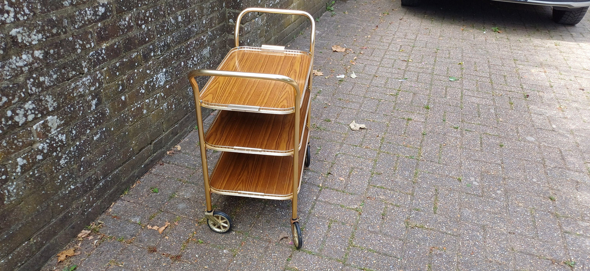 Vintage Retro 70s Drinks Dinner Trolley Melamine and Gold Metal. Side Table Media Stand