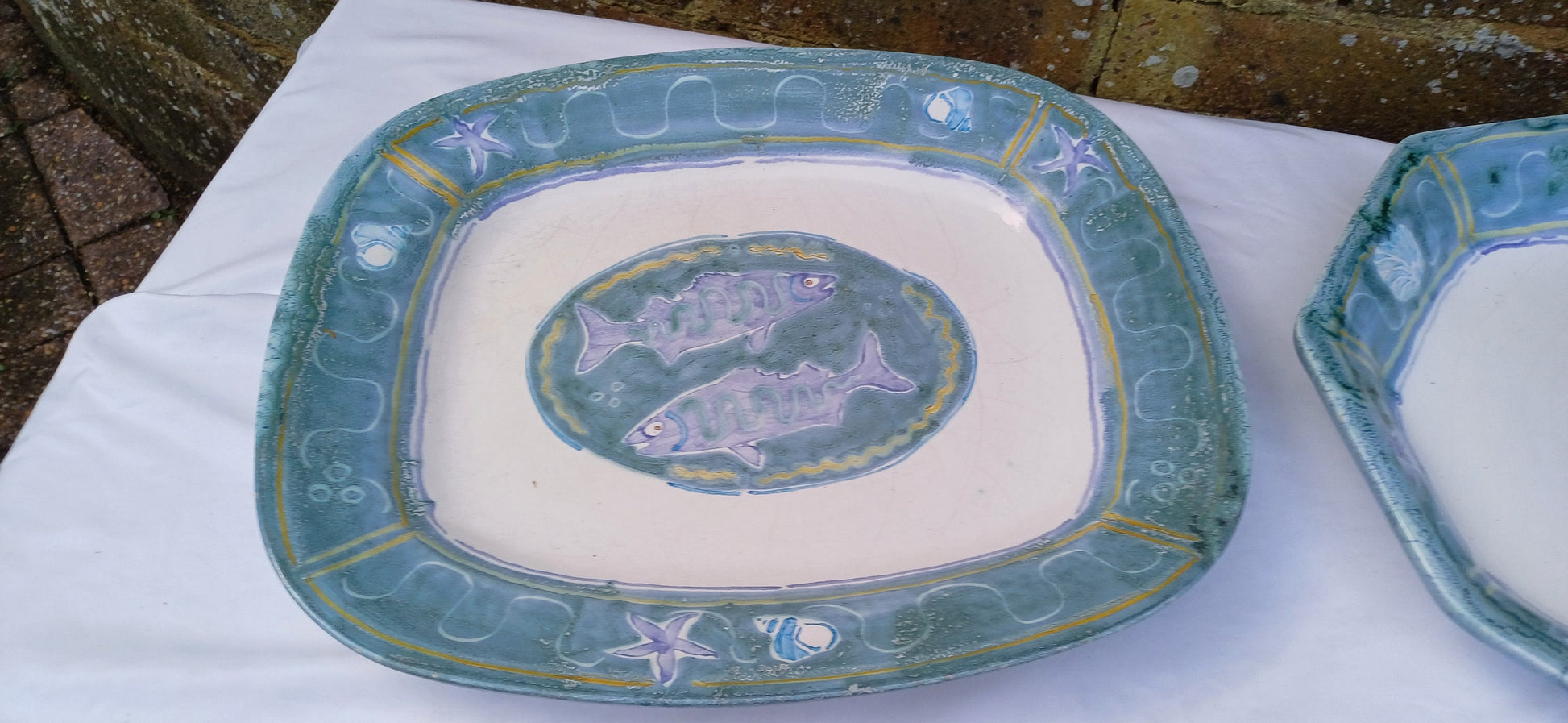 Large Superb Large Pair of Thick Pottery Slipware Fish Serving Plates