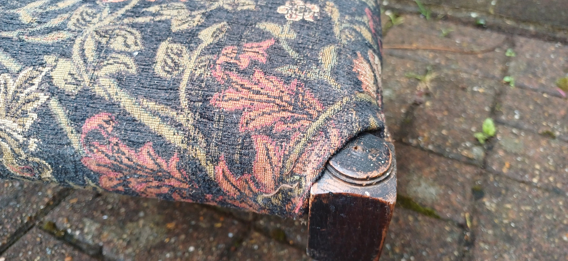Vintage Early 20th Century Solid Oak Upholstered Stool Footstool