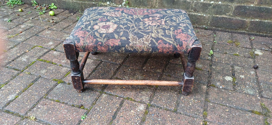 Vintage Early 20th Century Solid Oak Upholstered Stool Footstool