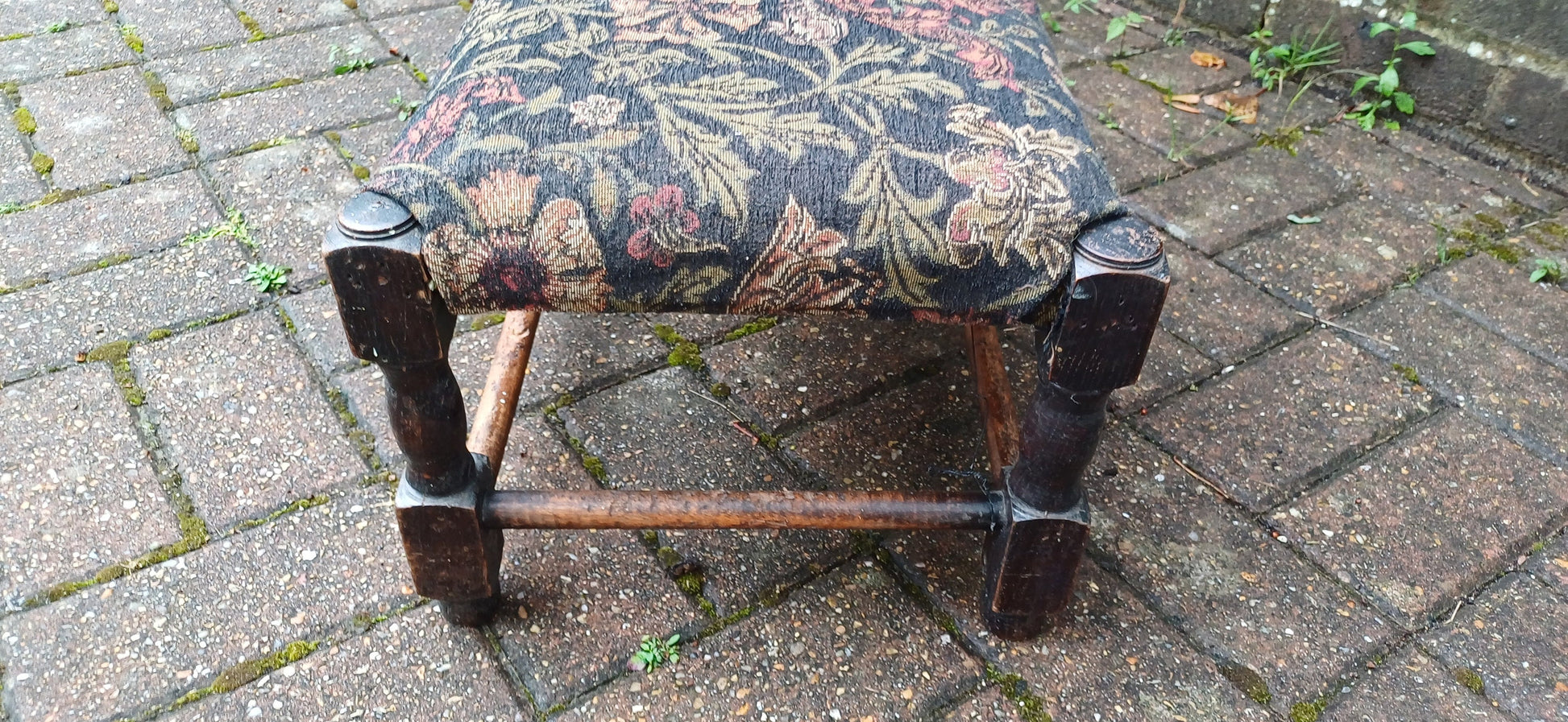 Vintage Early 20th Century Solid Oak Upholstered Stool Footstool