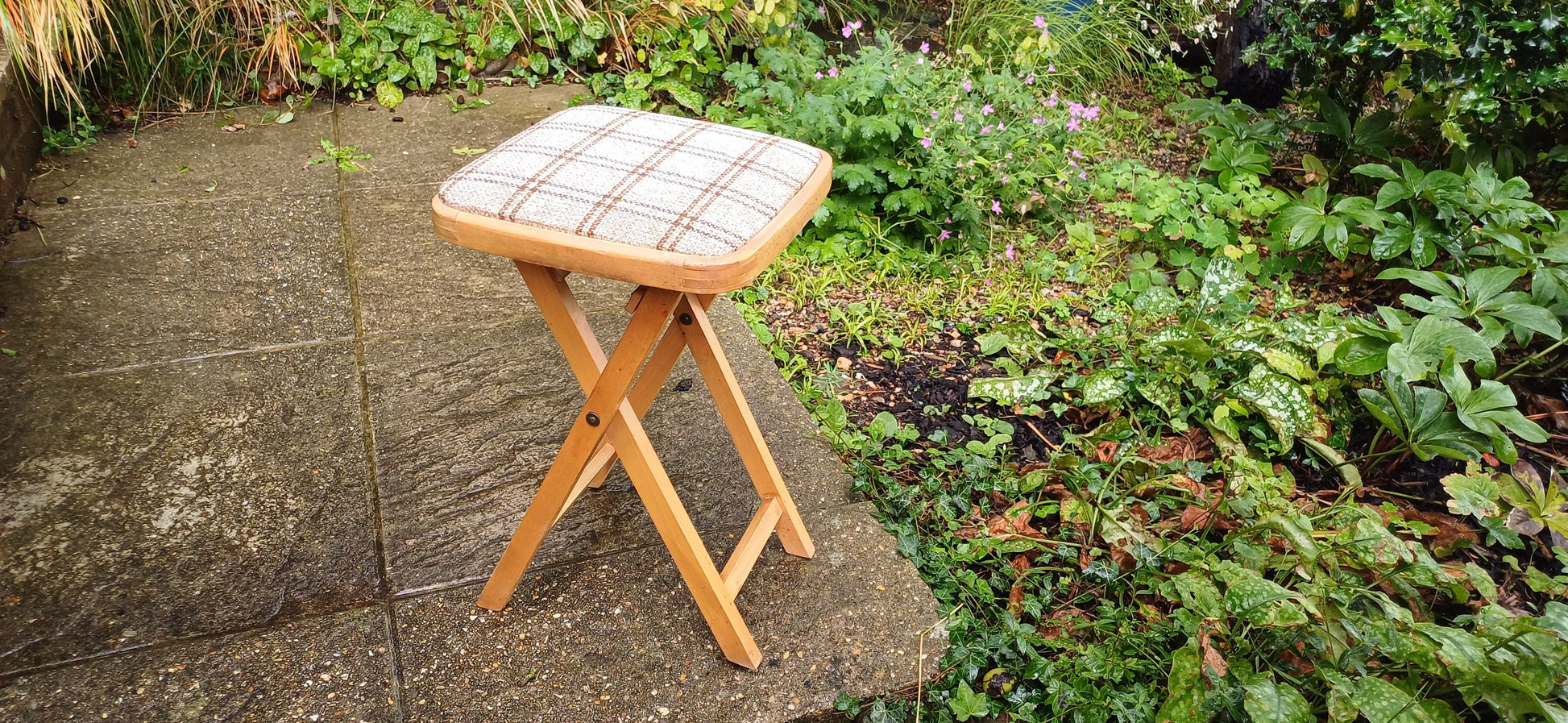 Vintage 80s Folding Upholstered and Cushioned Stool