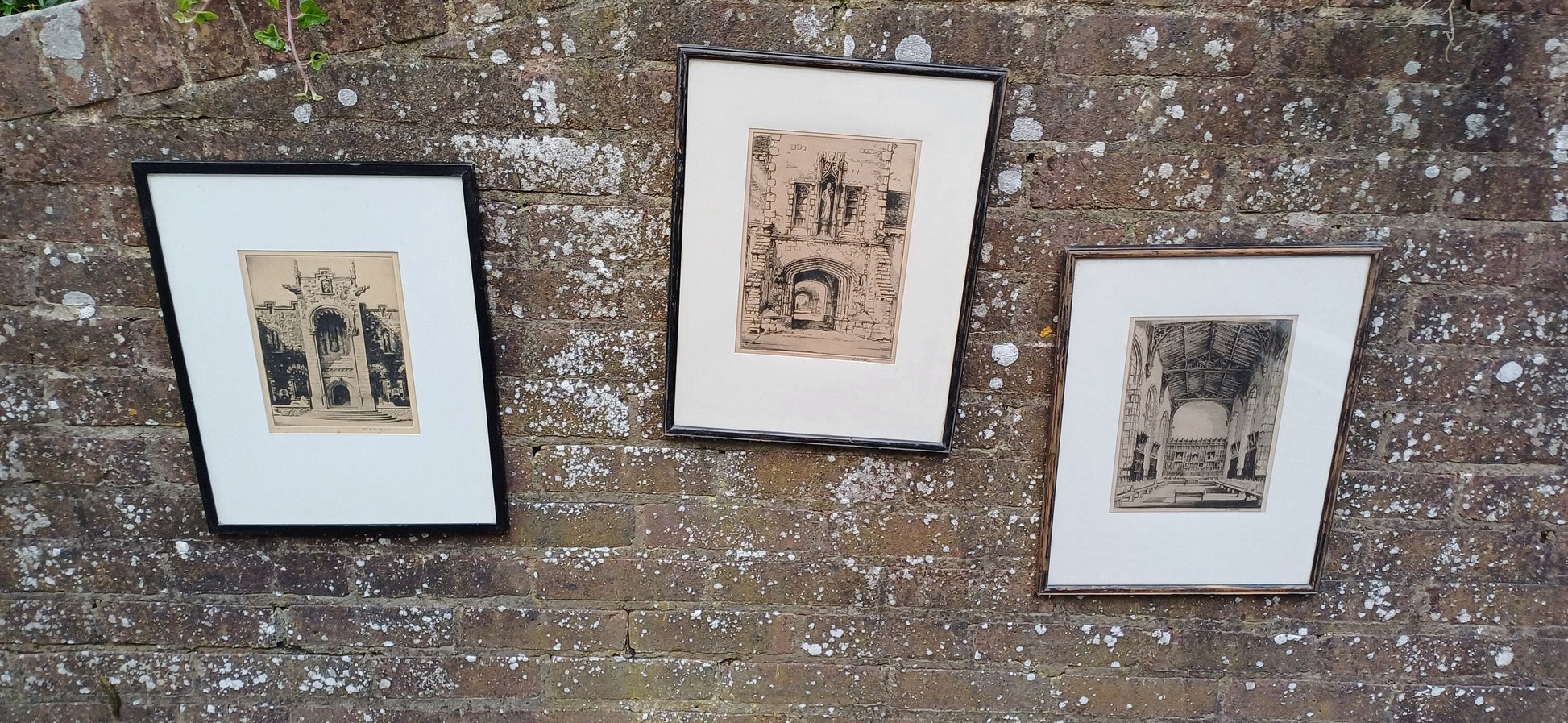 three wonderful etchings from late 1800s, early 1900s. William Monk and Robert Snodgrass. Snodgrass has etched the National Scottish War Memorial. Monk&#39;s look like Oxbridge colleges. All in glazed vintage frames