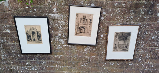 three wonderful etchings from late 1800s, early 1900s. William Monk and Robert Snodgrass. Snodgrass has etched the National Scottish War Memorial. Monk&#39;s look like Oxbridge colleges. All in glazed vintage frames