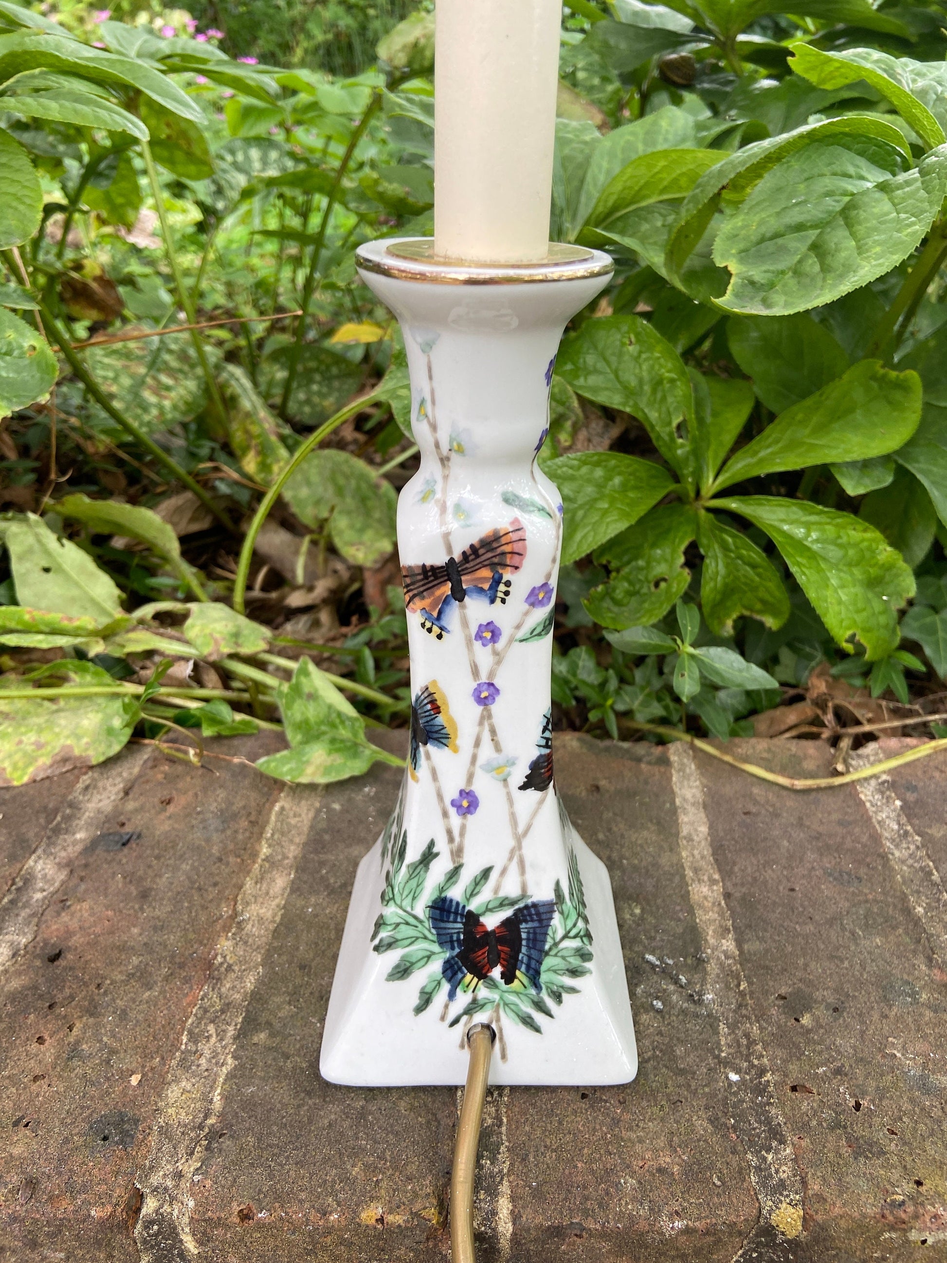 Vintage table lamp - handpainted tall candlestick style working table lamp - butterflies and plants