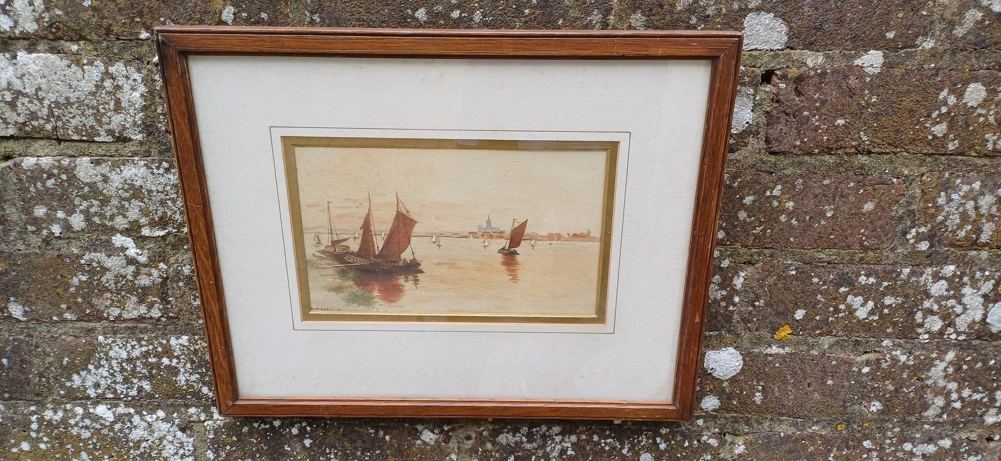 Antique watercolour of sail ships in a bay, by W.M. Essex - original vintage painting in vintage glazed framed, likely 1920s