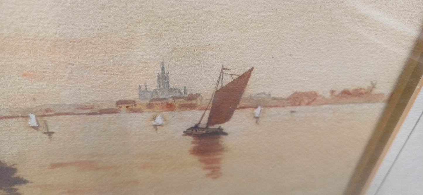 Antique watercolour of sail ships in a bay, by W.M. Essex - original vintage painting in vintage glazed framed, likely 1920s