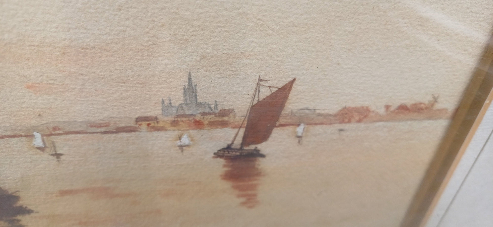 Antique watercolour of sail ships in a bay, by W.M. Essex - original vintage painting in vintage glazed framed, likely 1920s