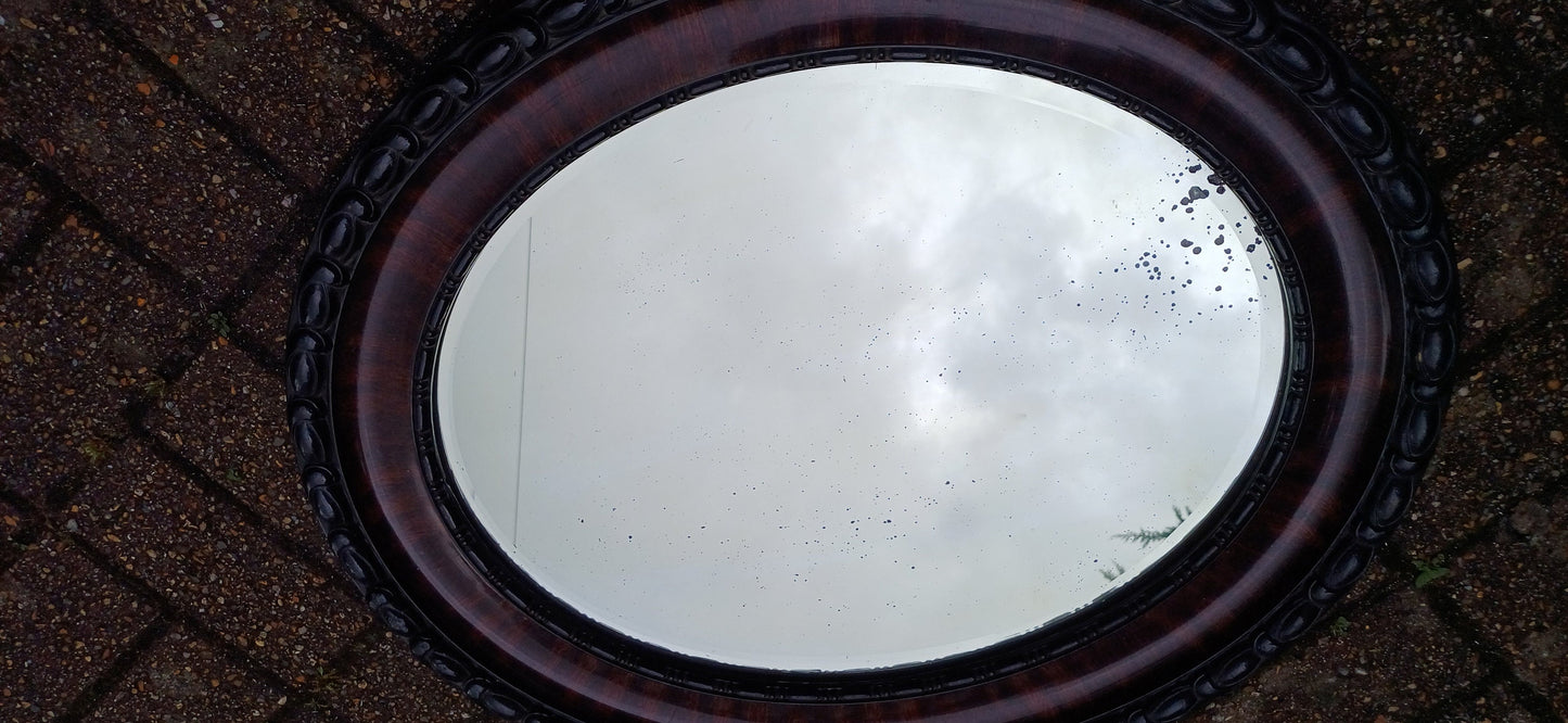 Vintage Early 20th Century Chunky Oval Decorative Mirror Black and Maroon Hues