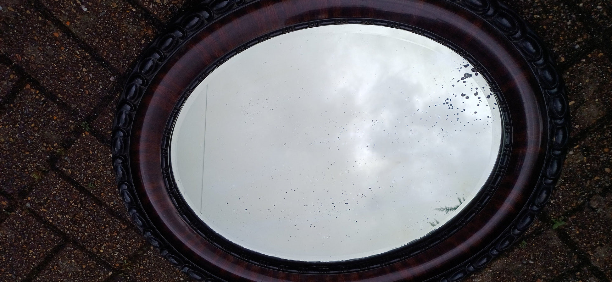 Vintage Early 20th Century Chunky Oval Decorative Mirror Black and Maroon Hues