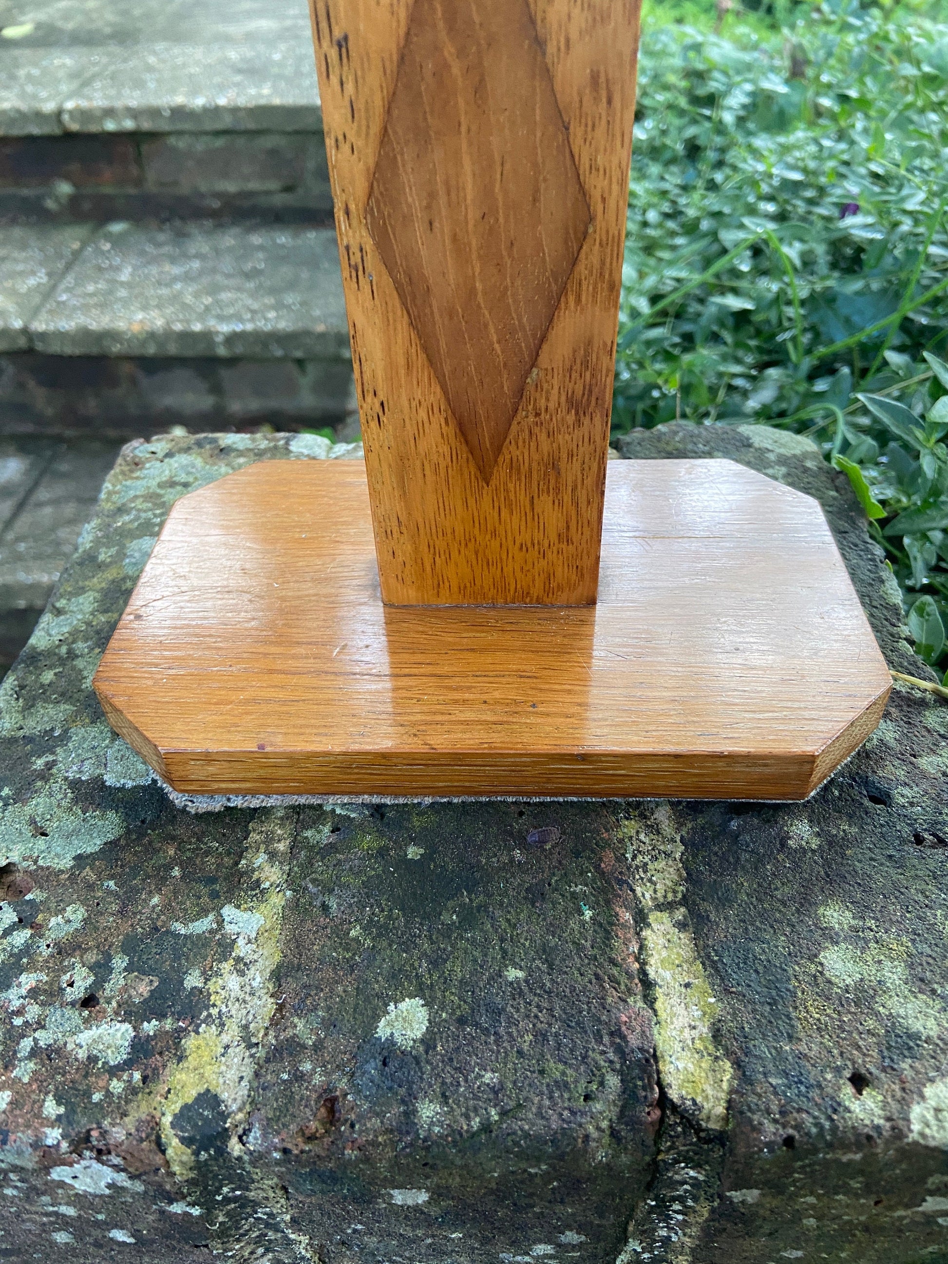 Mid century vintage wooden table lamp - handmade - geometric design, oak, very long flex