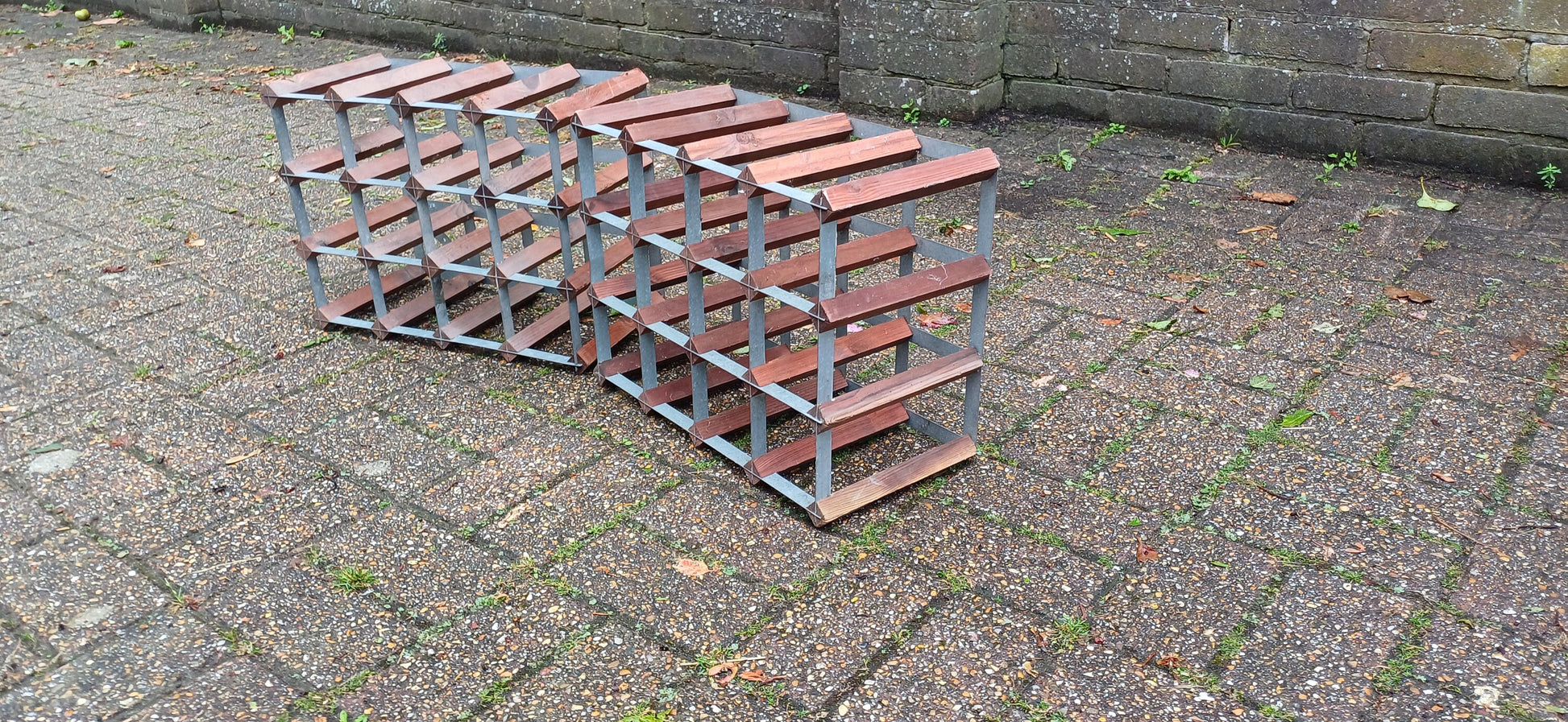 Pair of Zinc and Pine Vintage 70s Wine Racks Bottle Storage.