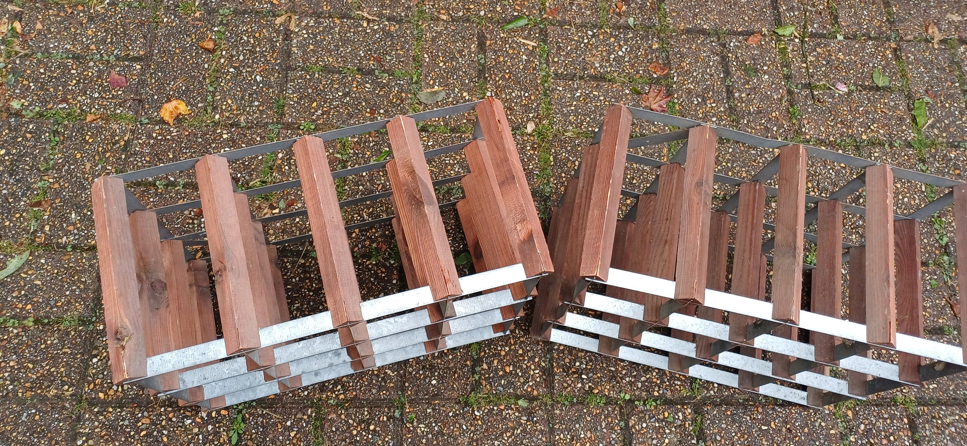 Pair of Zinc and Pine Vintage 70s Wine Racks Bottle Storage.