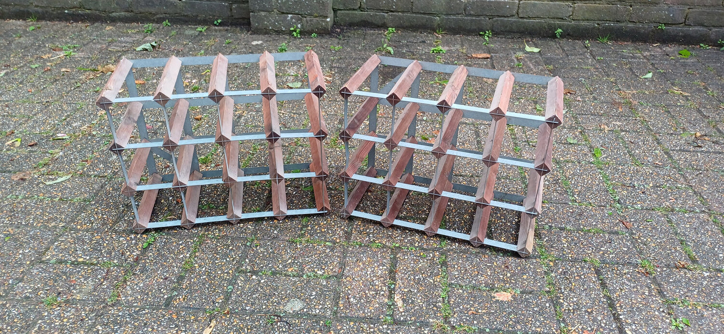Pair of Zinc and Pine Vintage 70s Wine Racks Bottle Storage.