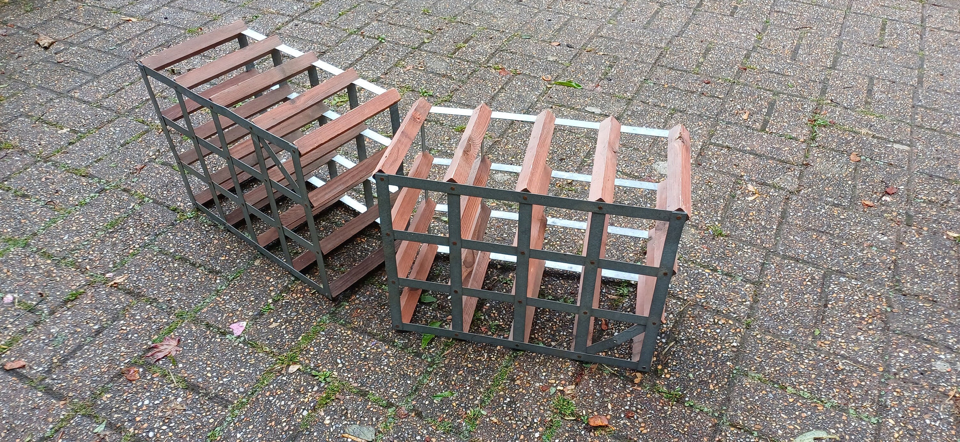 Pair of Zinc and Pine Vintage 70s Wine Racks Bottle Storage.