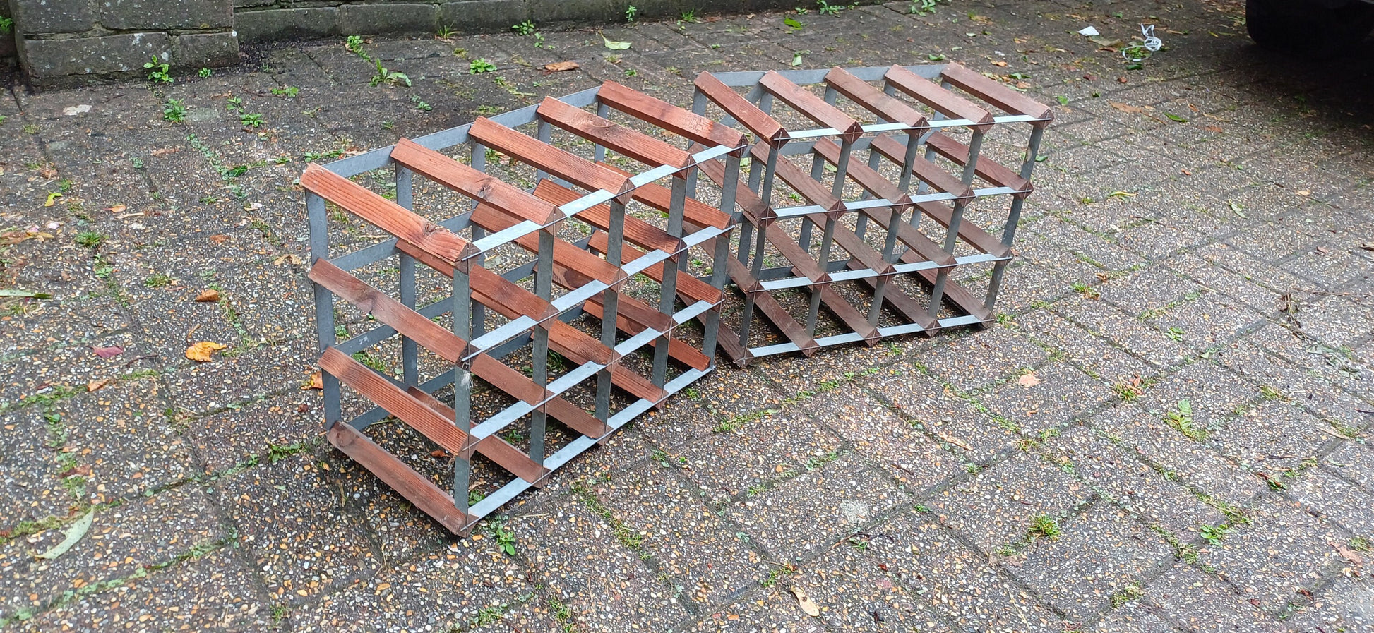 Pair of Zinc and Pine Vintage 70s Wine Racks Bottle Storage.