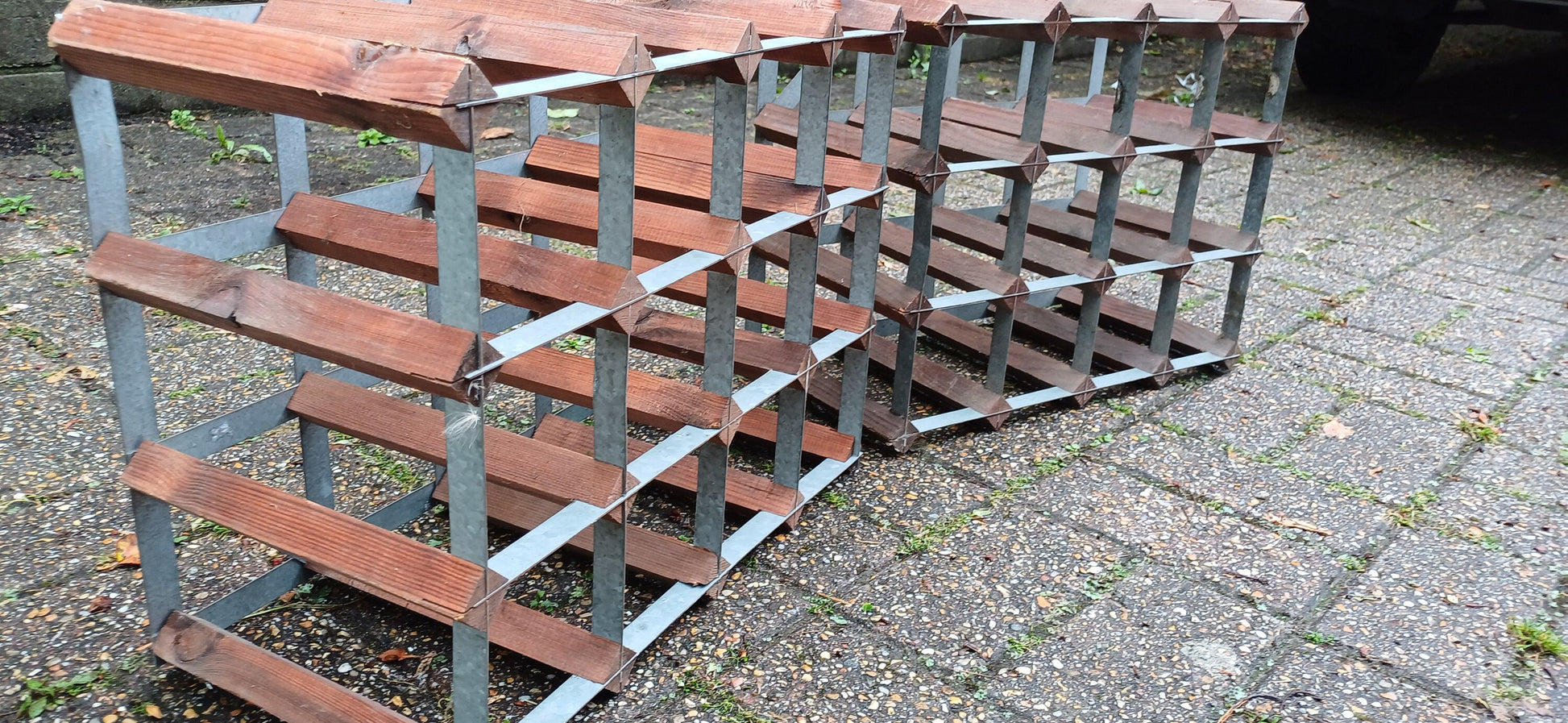 Pair of Zinc and Pine Vintage 70s Wine Racks Bottle Storage.