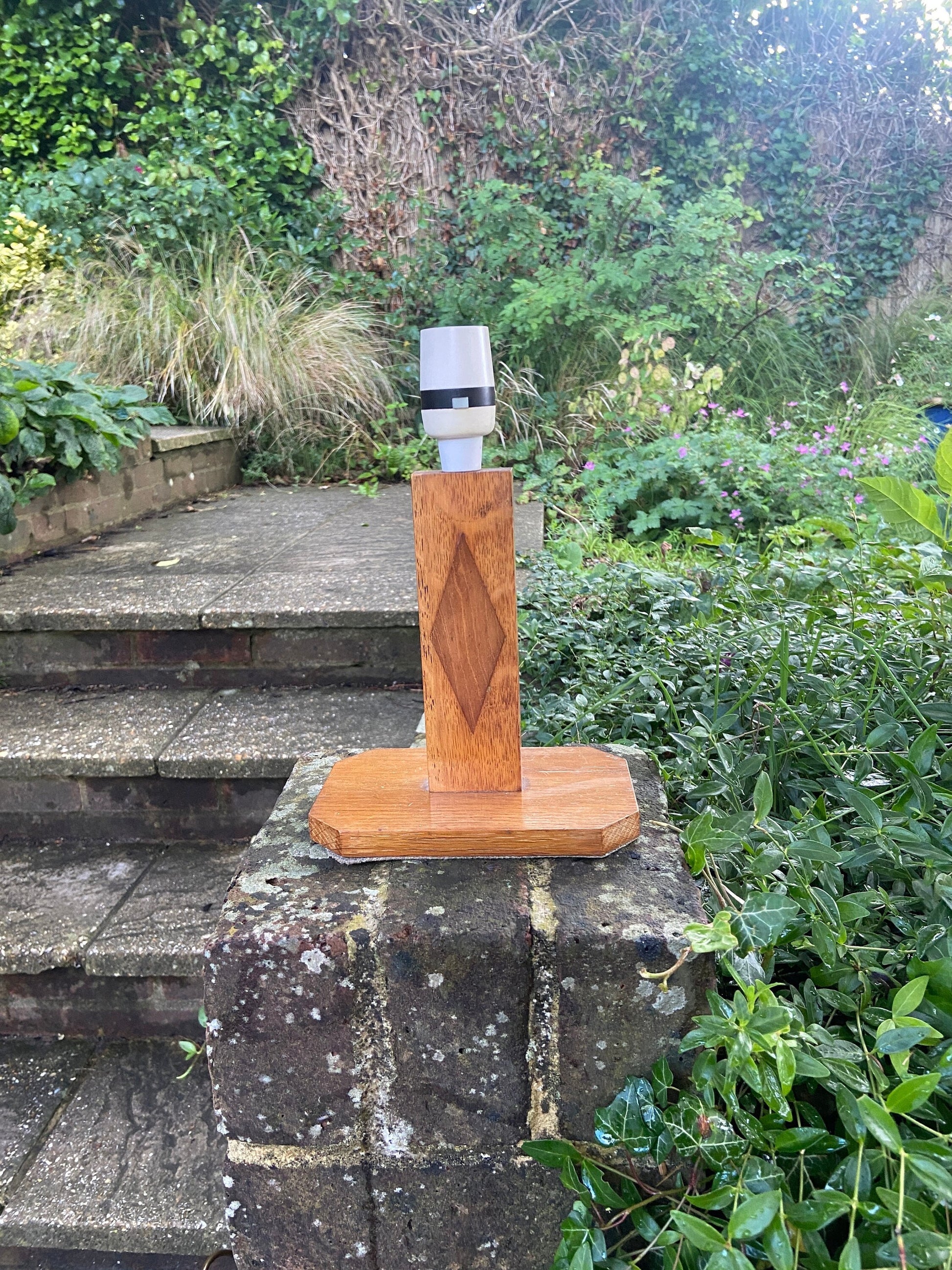 mid century wooden lamp. handmade. oak. geometric design including a diamond design on the stem. working.