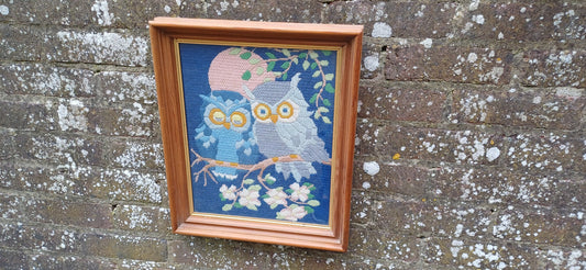 framed vintage tapestry; lovely needlework; vintage embroidery style; ; lovely for a children&#39;s nursery; two sleepy owls tapestry; in a glazed pine vintage frame