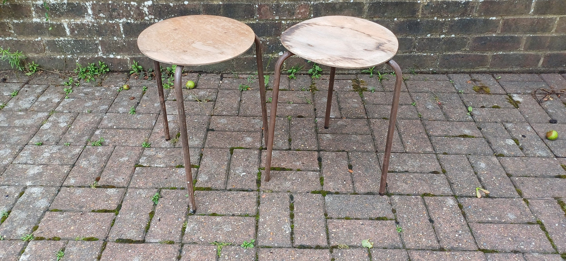 Delightful Pair of Age Worn Metal and Wooden Stools Plant Stands Wine Table Bedside Tables
