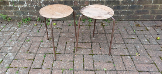 Delightful Pair of Age Worn Metal and Wooden Stools Plant Stands Wine Table Bedside Tables