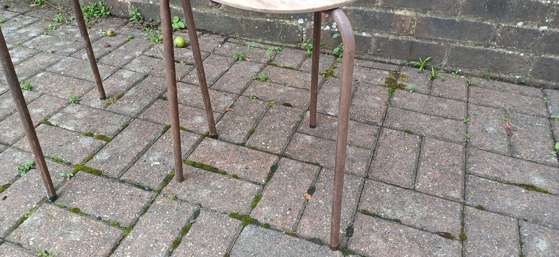 Delightful Pair of Age Worn Metal and Wooden Stools Plant Stands Wine Table Bedside Tables