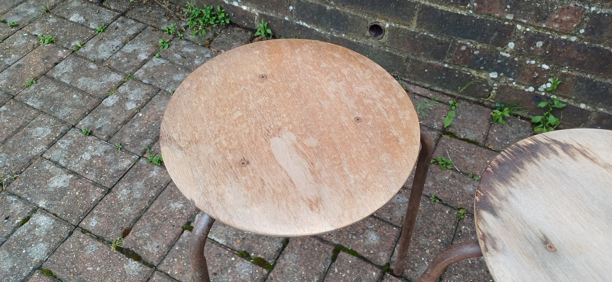 Delightful Pair of Age Worn Metal and Wooden Stools Plant Stands Wine Table Bedside Tables
