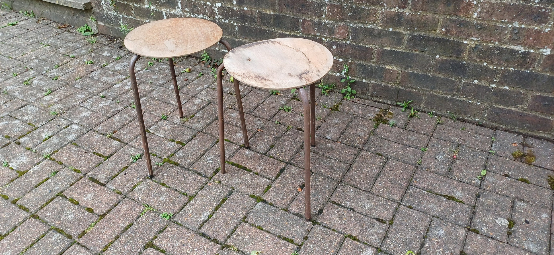Delightful Pair of Age Worn Metal and Wooden Stools Plant Stands Wine Table Bedside Tables