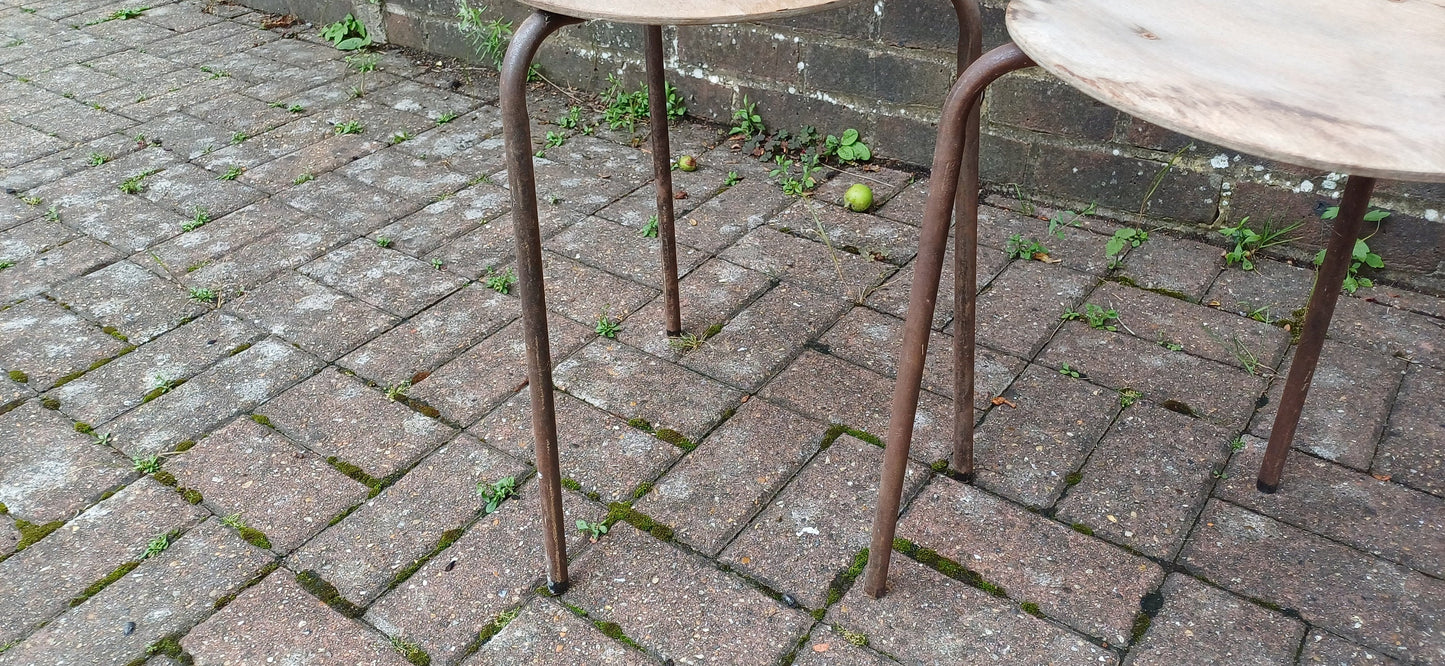 Delightful Pair of Age Worn Metal and Wooden Stools Plant Stands Wine Table Bedside Tables