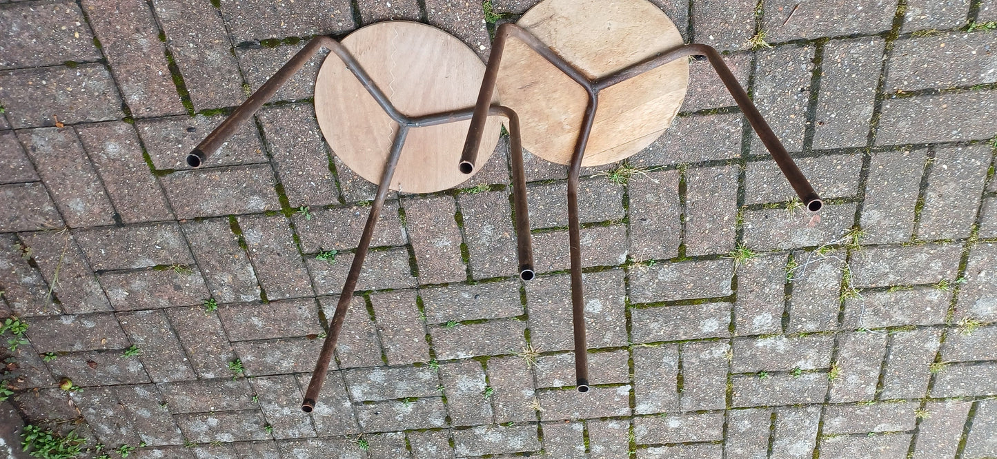 Delightful Pair of Age Worn Metal and Wooden Stools Plant Stands Wine Table Bedside Tables
