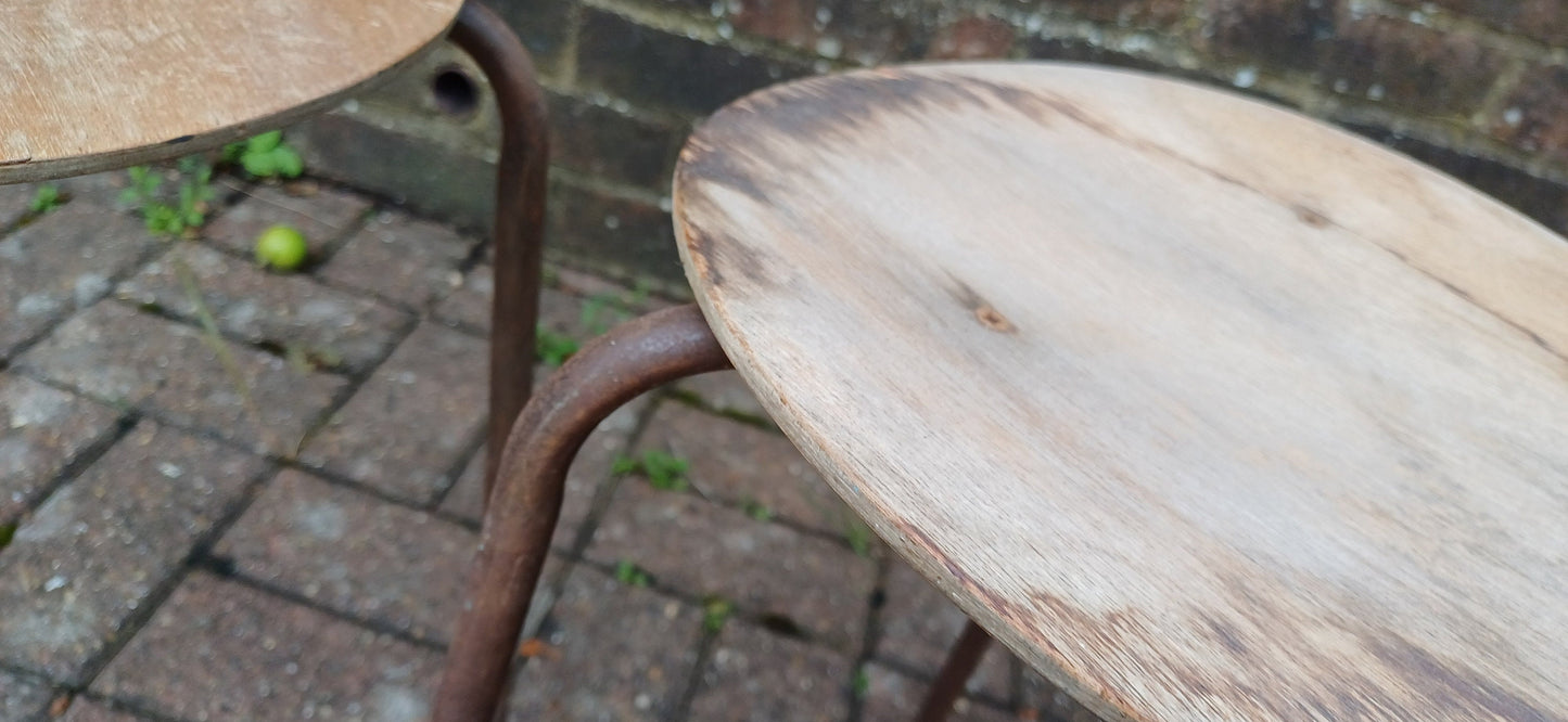Delightful Pair of Age Worn Metal and Wooden Stools Plant Stands Wine Table Bedside Tables