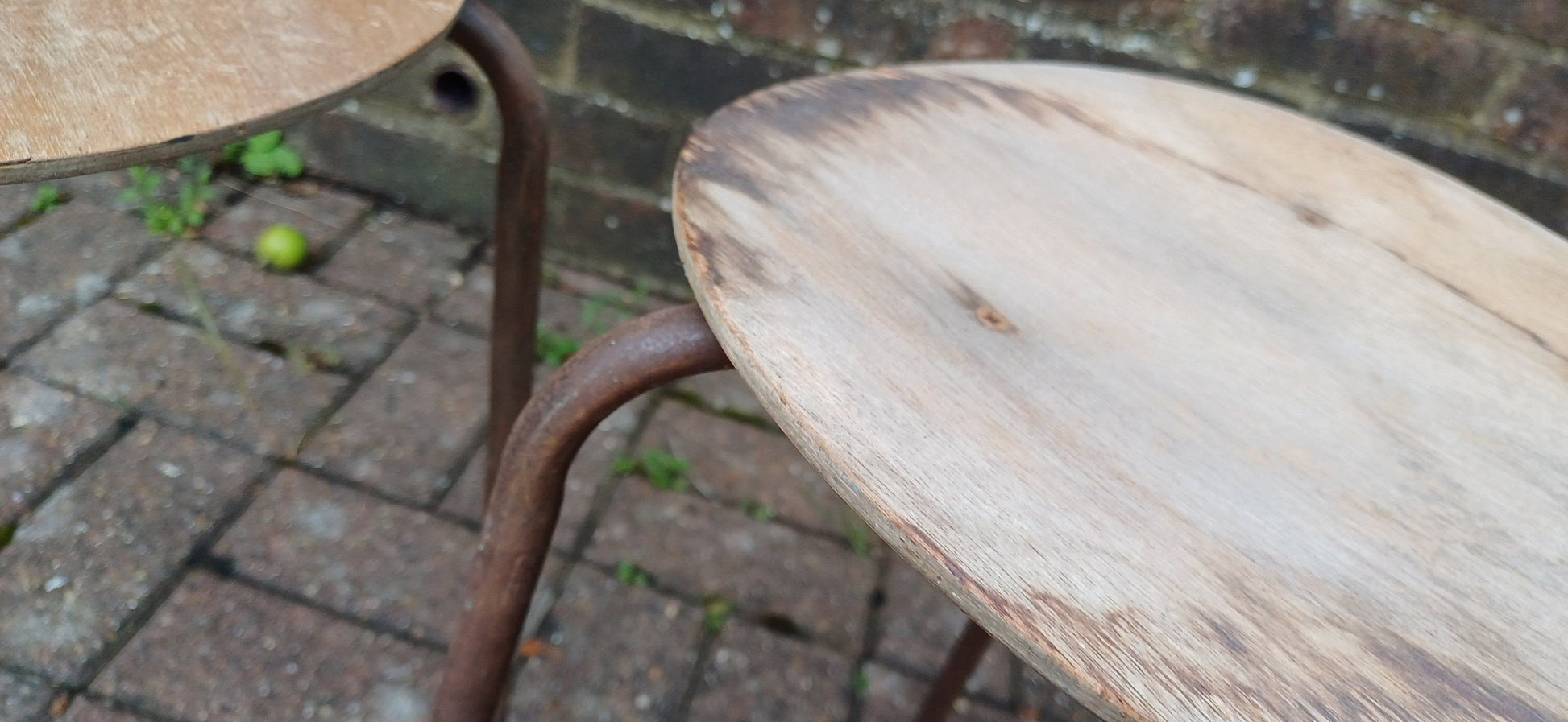 Delightful Pair of Age Worn Metal and Wooden Stools Plant Stands Wine Table Bedside Tables