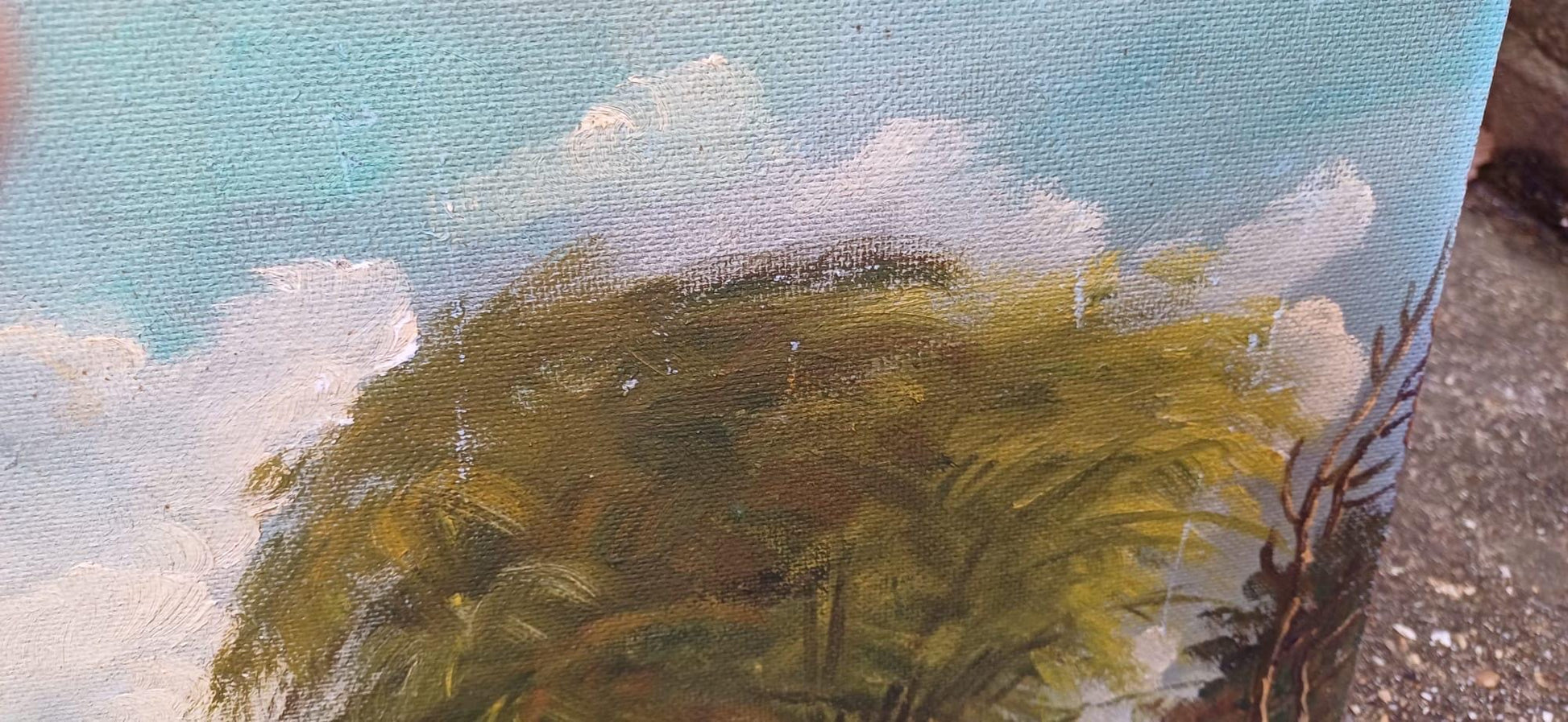 1960s oil on board by artist Yusoff Abdullah. Rural scene of a villager / farmer carrying goods across a field. Signed painting