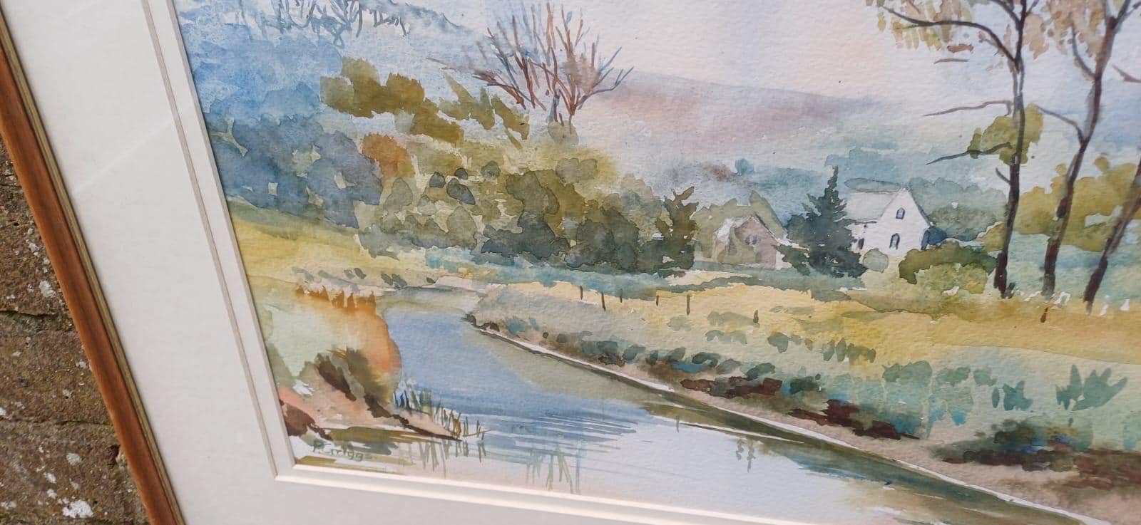 Vintage watercolour of Litlington by Patricia Griggs, Sussex artist. Vintage glazed frame. Likely 1990s. South Downs Cuckmere river