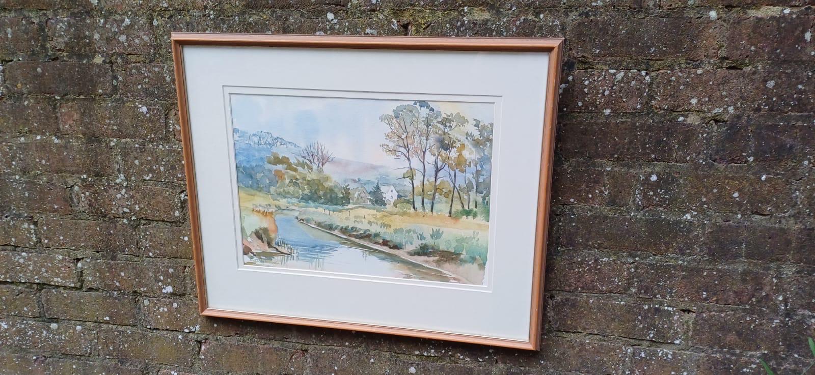 Vintage watercolour of Litlington by Patricia Griggs, Sussex artist. Vintage glazed frame. Likely 1990s. South Downs Cuckmere river