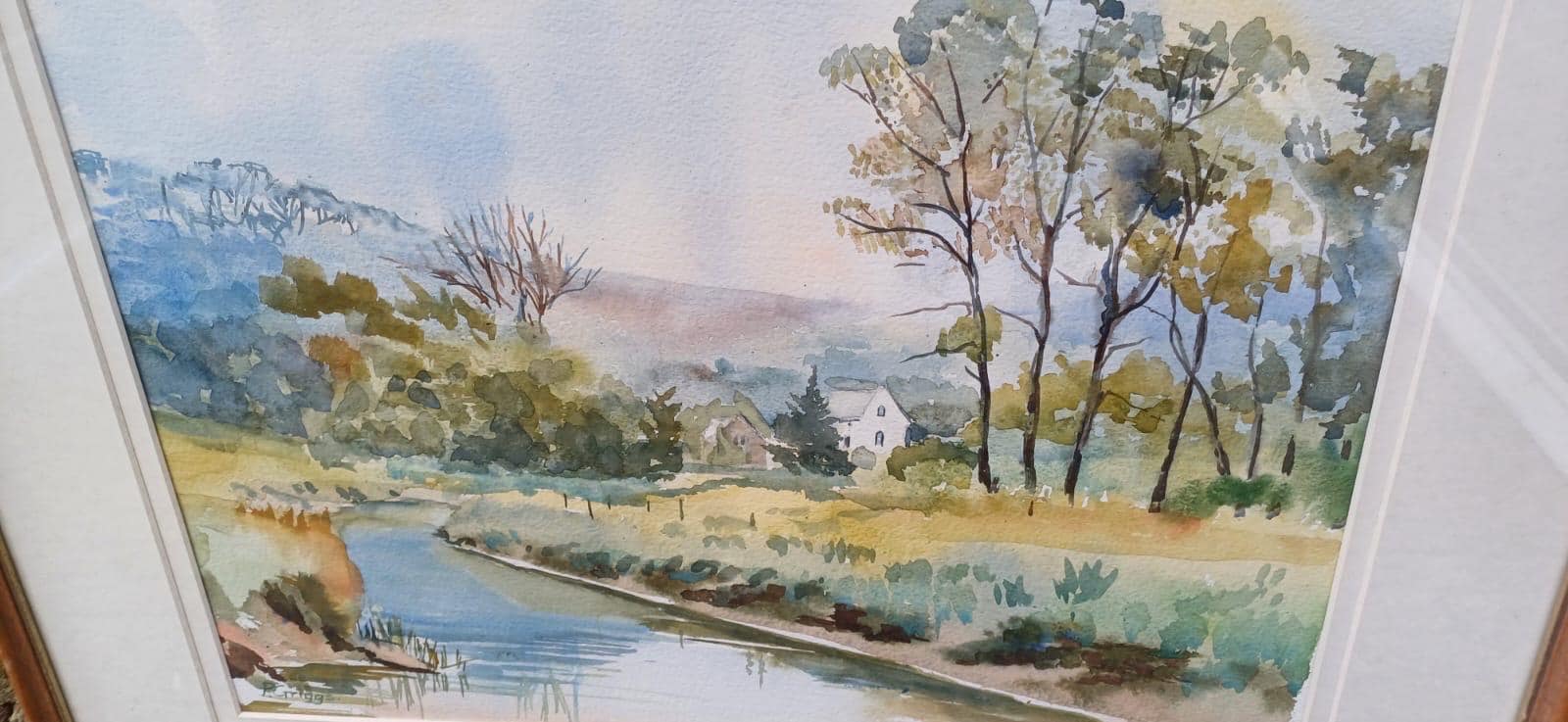 Vintage watercolour of Litlington by Patricia Griggs, Sussex artist. Vintage glazed frame. Likely 1990s. South Downs Cuckmere river
