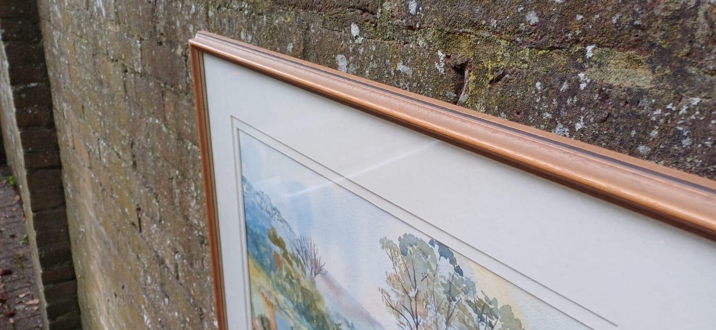 Vintage watercolour of Litlington by Patricia Griggs, Sussex artist. Vintage glazed frame. Likely 1990s. South Downs Cuckmere river