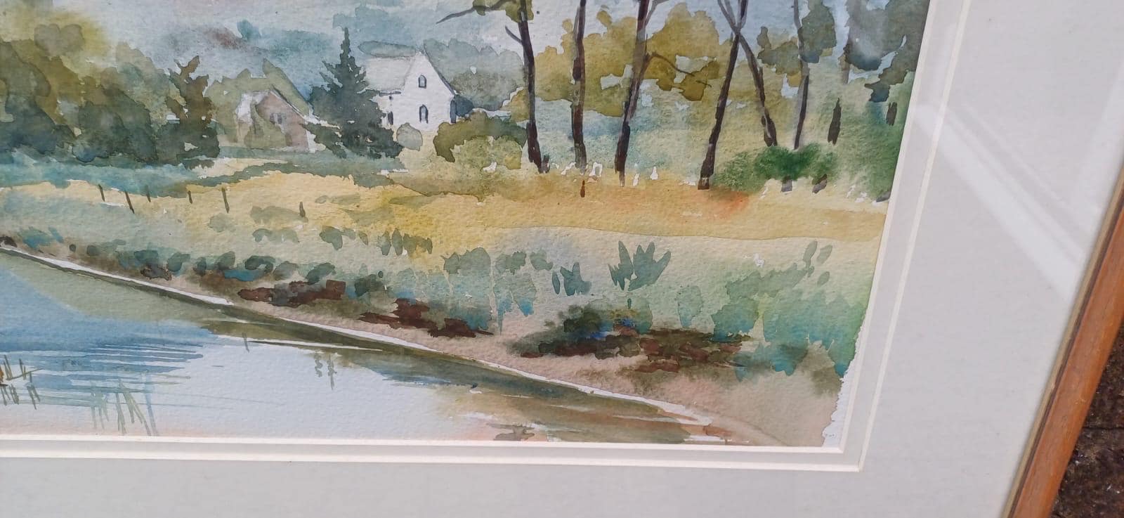 Vintage watercolour of Litlington by Patricia Griggs, Sussex artist. Vintage glazed frame. Likely 1990s. South Downs Cuckmere river