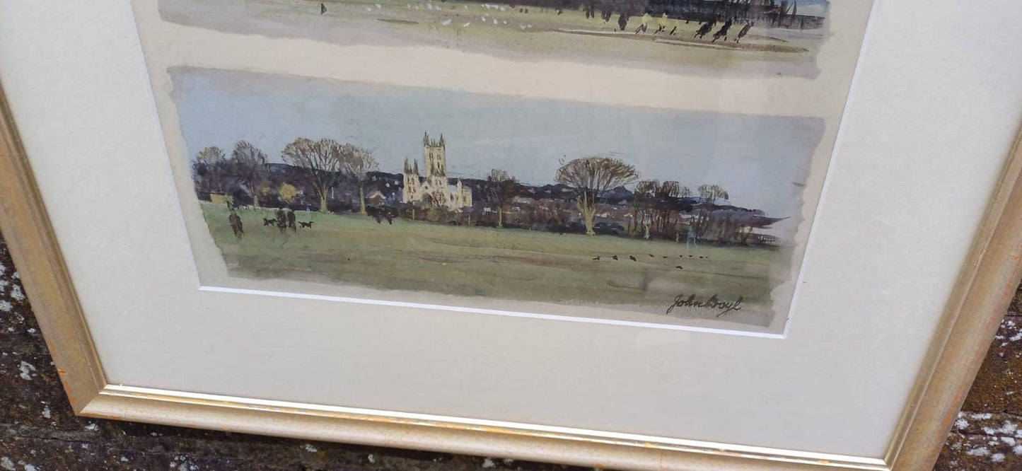 Vintage Canterbury Cathedral by day and night watercolour sketches by John Boyle in glazed vintage painted frame, trio of paintings